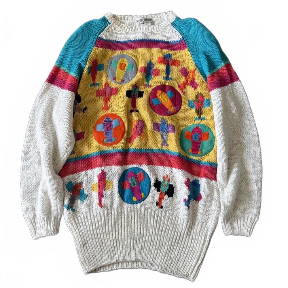 Bonnie Boerer Green Striped Airplane Cityscape Sweater 80s Novelty S/P